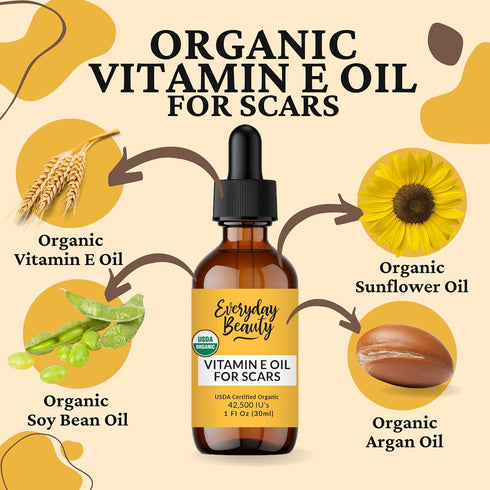 Organic Vitamin E Oil for Scars - All Natural & Vegan Skin Moisturizer 1oz - Light and Unscented for Scars, Wrinkles,