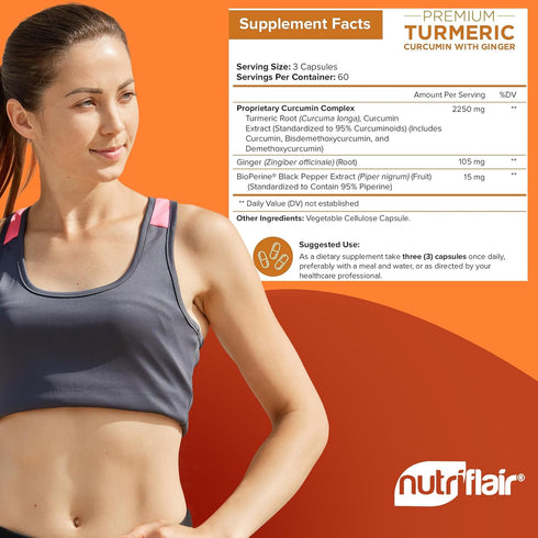 NutriFlair Turmeric Curcumin with Ginger & BioPerine - 180 Capsules, 95% Curcuminoids for Joint Support