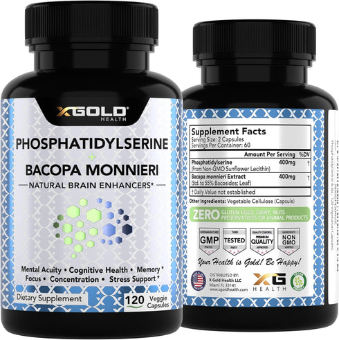 PhosphatidylSerine & Bacopa Monnieri 400 mg 2 in 1 Supplement - Natural Brain Enhancer/Nootropic for Enhanced Focus,