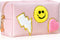WECOOL Preppy Makeup Bag, Waterproof PU Leather Smiley Face Patch, Portable Cute Toiletry Bag with Zipper for Women