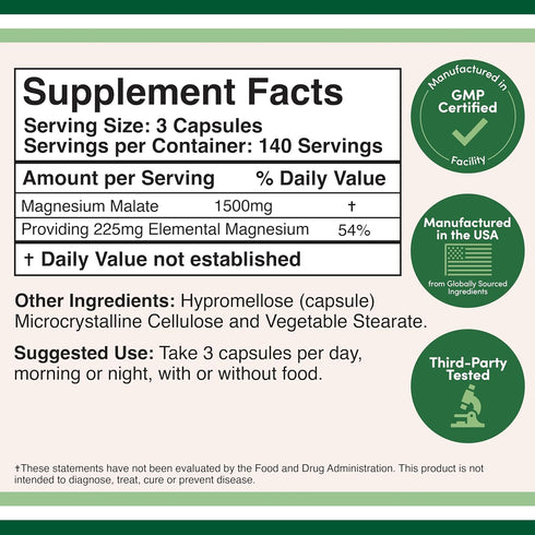 Magnesium Malate Capsules (420 Count) - 1,500mg Per Serving, Third Party Tested, Vegan Friendly, Gluten Free