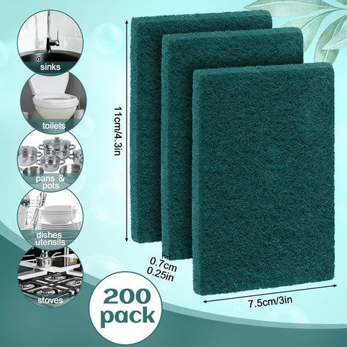 Hoolerry 200 Pcs Heavy Duty Scouring Pads Non Scratch Household Scrub Pads for Cleaning Reusable Pan Scrubber Anti Grease Scrubbing Pads for Dish Kitchen Metal Grills, 4.3 x 3 x 0.3 in (Green) by Hoolerry