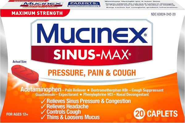 Mucinex Maximum Strength Sinus-Max Caplets - 20 ct for Minor Aches, Pains, Headache & Congestion Relief