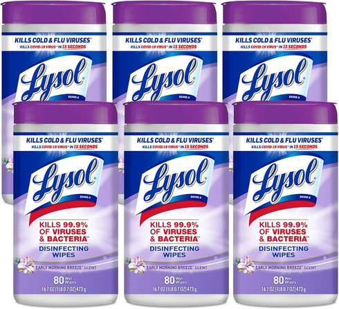 Lysol Disinfectant Wipes, 80 Count, Multi-Surface Antibacterial Cleaning Wipes, Early Morning Breeze, Pack of 6