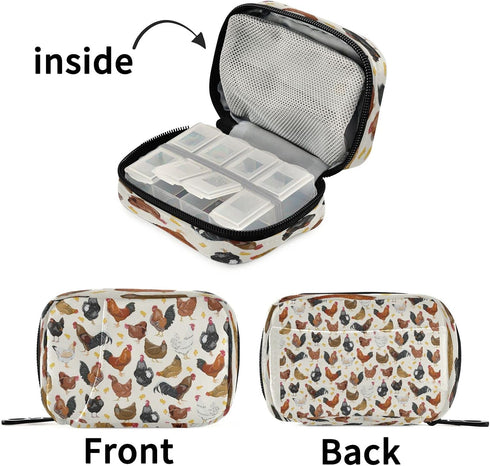 Set 7 Hens Roosters Chickens Pill Organizer Case Day Rustic Travel Pill Box with Zipper Portable Small Weekly Vitamin