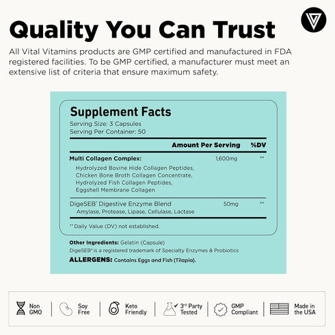 Vital Vitamins Multi Collagen for Women & Men, Type I, II, III, V, X, Grass Fed, Non-GMO, 150 Capsules