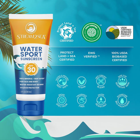 STREAM 2 SEA SPF 30 Biodegradable Mineral Sunscreen, 3 Fl oz Non-Greasy and Moisturizing