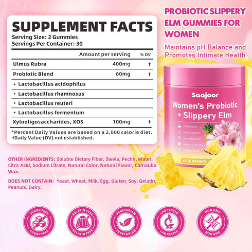 Gummies Immune 60 Count Women Probiotic Slippery Elm - Supports pH Balance, Digestive & Health, Natural Pineapple