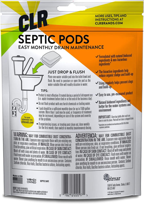 CLR Septic System Treatment Pods, Dissolvable and Easy to Flush, Biobased Ingredients, 6 Month Supply