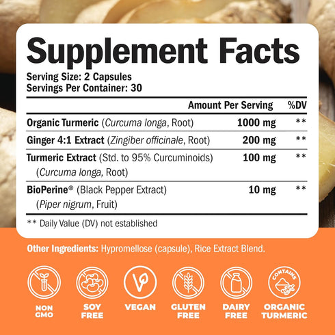 Turmeric Curcumin Supplement with Ginger Root, Joint Support, 95% Curcuminoids, 2 Pack for Max Absorption