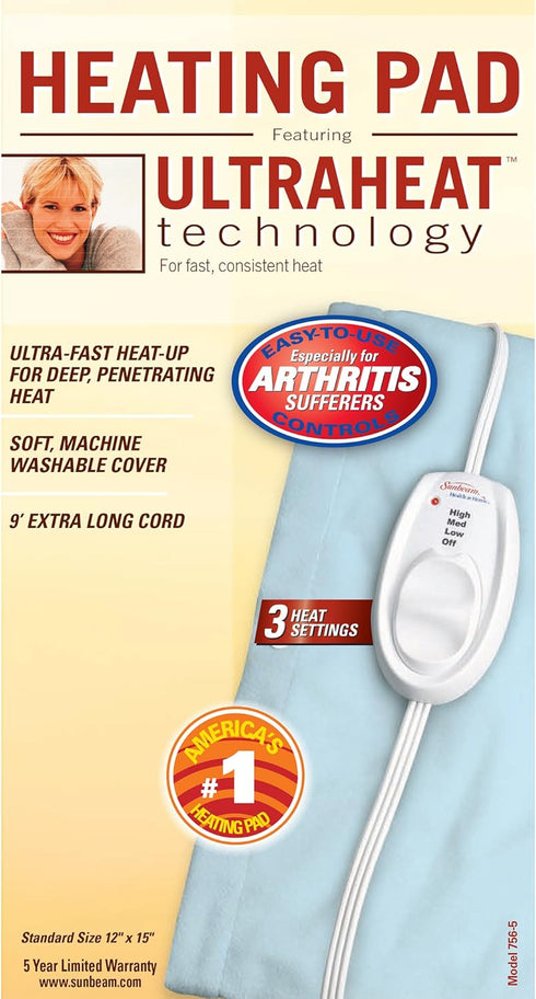Sunbeam Heating Pad for Pain Relief | Ultra Heat, 3 Settings | Light Blue, 12 x 15 Inch
