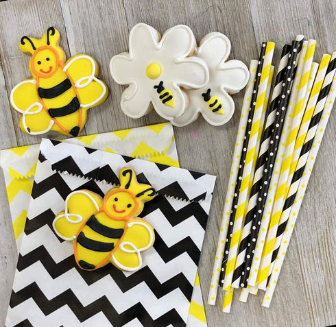 Outside the Box Papers Bee Theme Paper Straws, 7.75 Inches, 100 Pack - Black, Yellow, White Striped and Polka Dot