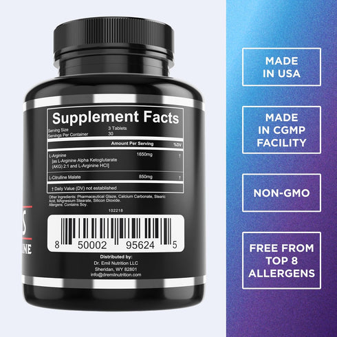 Dr. Emil's ARGININE Plus - L Arginine + L Citrulline 2500 MG High Dose NO Booster Tablets for Vascularity and Heart