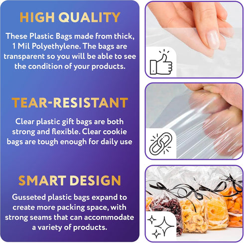 APQ Clear Gusseted Poly Bags - 4 x 2 x 10 Inch, Pack of 100 Gusseted Plastic Bags 1 Mil Thick for Favors, Clear Plastic