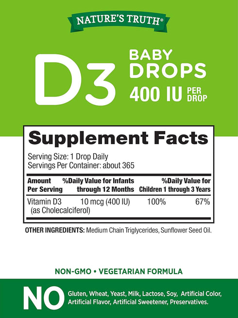 Nature's Truth Vitamin D Drops for Infants | 400 IU | 9.2 mL | D3 Drops for Kids | Vegetarian, Non-GMO, Gluten Free Supplement