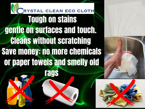Crystal Clean Eco-Cloth, Lint-Free Microfiber Cloth for Windows, Glass, Stainless Steel, 5 Pack, White, 16''x16''