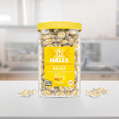 Pack, 250 HALLS Cough and Throat Relief Honey Lemon Cough Drops, Bulk Drops
