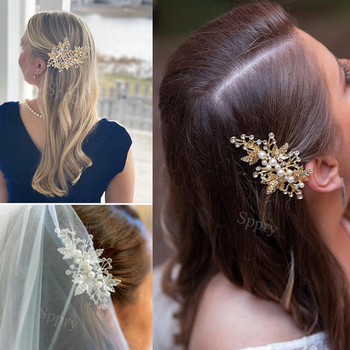 Wedding Hair Clips (2 Pcs) - Rhinestone Pearl Accessories for Bridal Women (Gold)