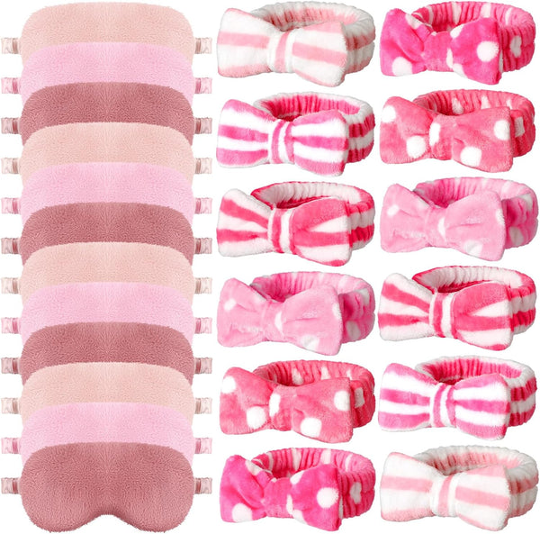 Newcotte 24 Pcs Sleepover Party Supplies for Girls, 12 Pcs Plush Sleep Eye Mask and 12 Pcs Bow Hair Band (Cute Style)