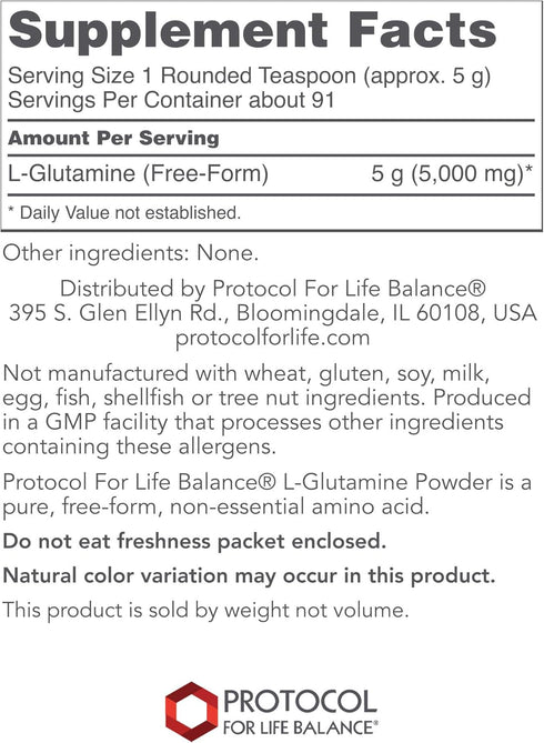 Protocol L-Glutamine 5g Powder - Immune Support, Gut & Brain Health, 1 lb, 91 Servings