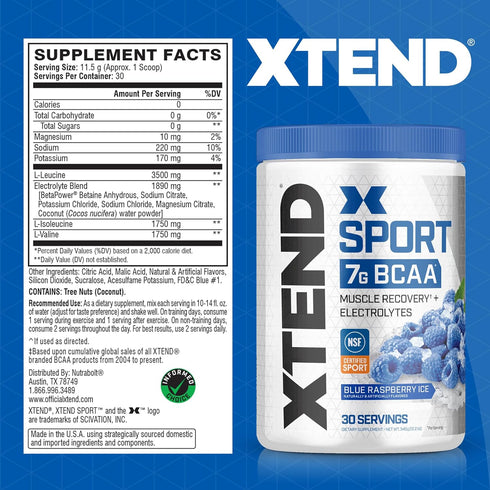 XTEND Sport BCAA Powder Blue Raspberry Ice, Electrolyte Powder for Recovery & Hydration, 30 Servings