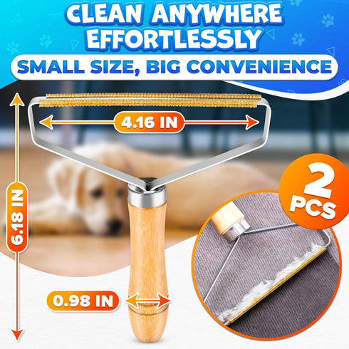 2 Pack Reusable Metal Lint Remover Tool, Durable Pet Hair Remover with Wooden Handle for Clothes and Upholstery