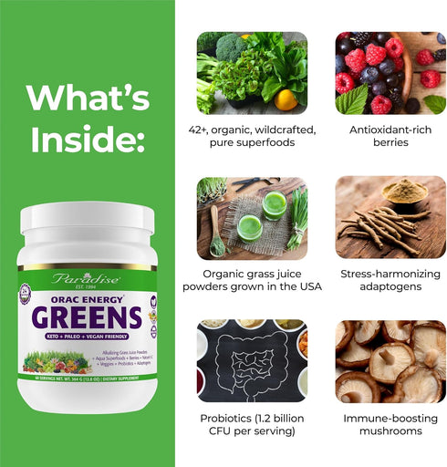 Paradise ORAC Energy Greens Powder Extract, 60 Servings - Super Antioxidants, Probiotics for Gut Health & Digestion