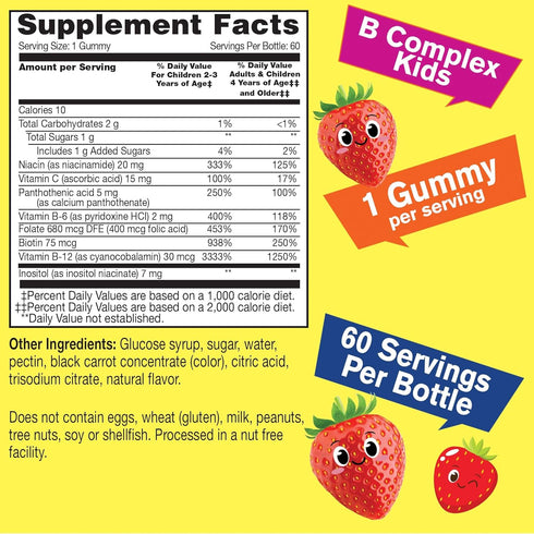 B Complex Gummies for Kids - with Vitamin C, Niacin, Vitamin B6, Folic Acid, Vitamin B12, Biotin & Pantothenic Acid - 2 Month Supply - Strawberry Flavor - Non GMO, Gluten Free - 60 Gummies
