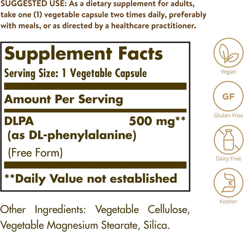 Solgar DLPA 500 mg, 100 Vegetable Capsules - Free Form DL-Phenylalanine - Supports Central Nervous System - Vegan, Gluten Free, Dairy Free, Kosher - 100 Servings