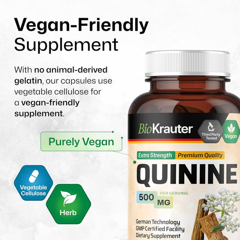 BIO KRAUTER Quinine for Leg Cramps Capsules, 500 mg - 100 Count - Vegan, No Fillers