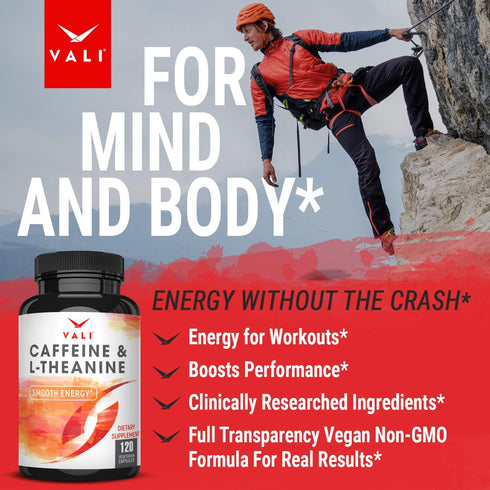 VALI Caffeine 50mg & L Theanine 100mg - Caffeine Pills & L-Theanine for Energy & Focus Supplement