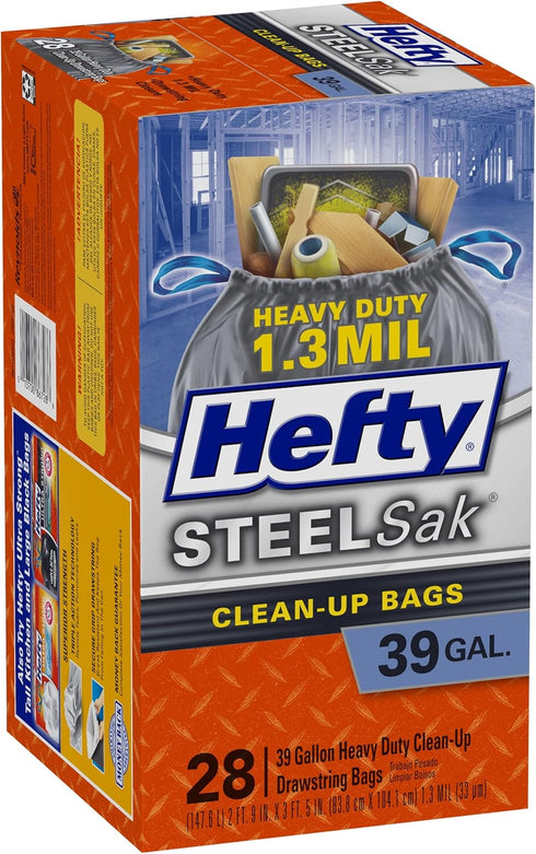 Hefty SteelSak Heavy Duty Large Clean-Up Trash Bags, 39 Gallon, 28 Count