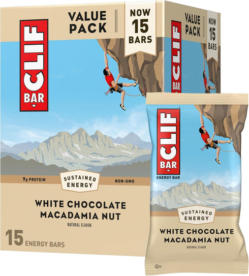 Clif Bar - White Chocolate Macadamia Nut Flavor - 9g Protein, Non-GMO, Plant Based Energy Bars - 15 Pack