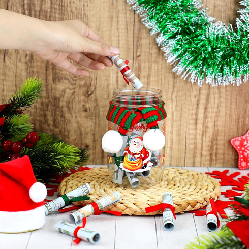 MUOUAKATE Christmas Money Holders for Cash, Christmas Mason Jar with Santa Hat Scarf and Stickers, DIY Cash Holder