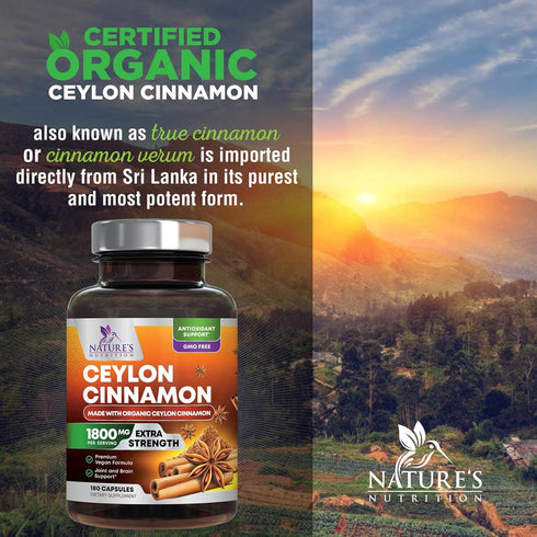 Pure Cinnamon Capsules, Certified Organic Ceylon Cinnamon, Non-GMO, Gluten-Free, 180 Capsules, Sugar Free, Sri Lanka
