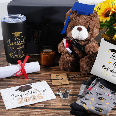 KEASKELL 2026 Set, 2026 Set 20 Oz Graduation Gifts Box Class of Graduation Gift with Tumbler, Black Blue Plush Bear