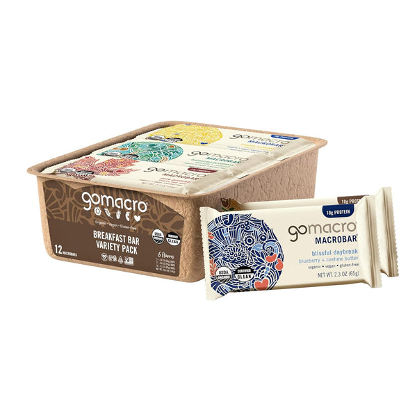 GoMacro Macrobar Organic Vegan Protein Bars, Breakfast Variety Pack, 12 Count