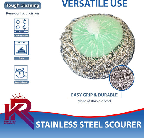 Amazon Brand Pack of 4 Ring King Stainless Steel-Wrapped Sponge Scrubbers, Heavy Duty Scouring Pads