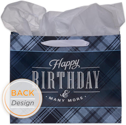 Christian Art Gifts Large Landscape Gift Bag Set with Card & Tissue Paper - Black & Navy Blue Plaid, Happy Birthday