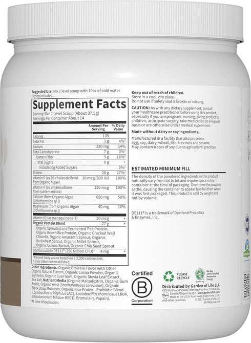 Garden of Life Organic Vegan Protein Powder - 20g Plant Based Protein with Calcium, D3, K2 MK-7, Magnesium, Prebiotics,