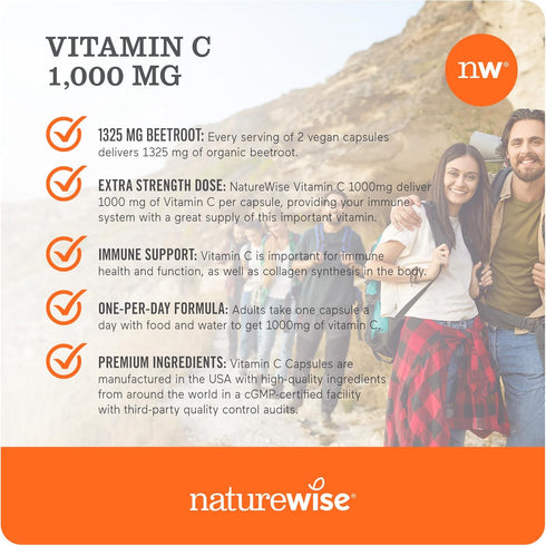 NatureWise Vitamin C 1000mg Capsules - Vegan, Non-GMO, Gluten Free Dietary Supplement for Immune Support - 60 Count