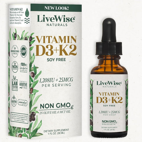 Vitamin D3 with K2 Liquid Drops, All Natural, Non-GMO, 1208iu D3 and 25mcg K2 per Serving, Supports Bones