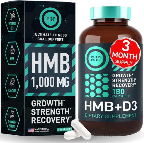 WILD FUEL HMB Supplements with Vitamin D3, 1,000 MG Fitness Support - 180 Capsules for 3 Months