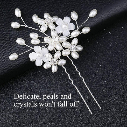 Wedding Hair Pins (3 Pcs) - Elegant Pearl Floral Crystal Accessories for Bridal Women, Silver