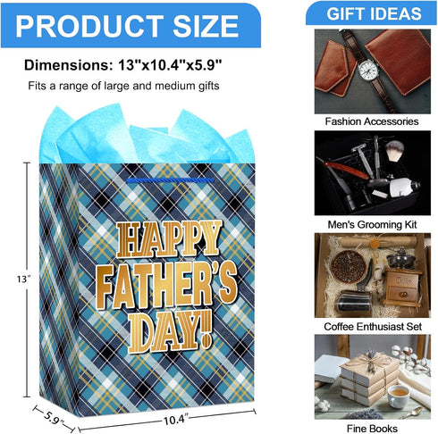 FaCraft Fathers Day Gift Bag - Large 13" Happy Fathers Day Gift Bag with Tissue Paper and Handle