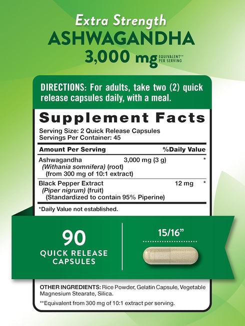 Nature's Truth Ashwagandha Capsules | 3000mg | Extra Strength | 90 Count | Non-GMO & Gluten Free | Ashwagandha Root Supplement with Black Pepper