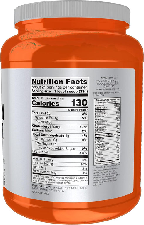 NOW Foods Sports Nutrition Whey Protein Concentrate, 24 g with BCAAs, Unflavored Powder, 1.5-Pound
