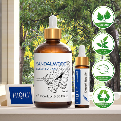 HIQILI Sandalwood Essential Oils, Long-Lasting Scent for Perfume, Diffuser, Soap Making - 3.38 Fl Oz