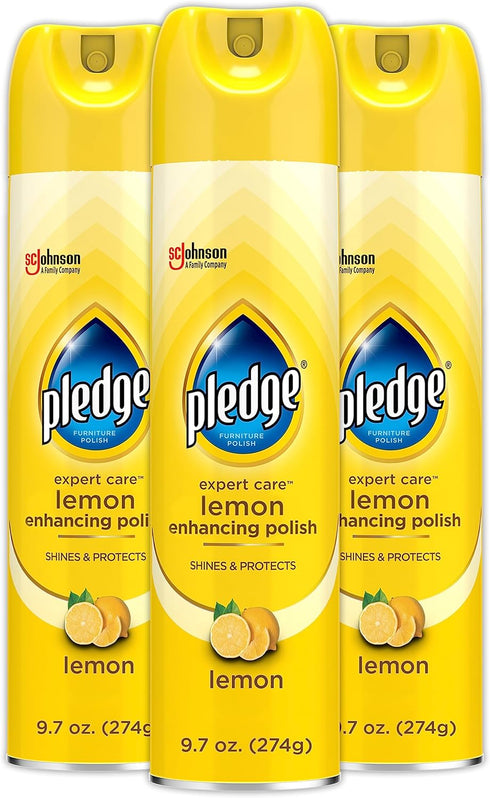 Pledge Expert Care Wood Polish Spray, 9.7 oz, Shines and Protects, Removes Fingerprints, Lemon, Pack of 3