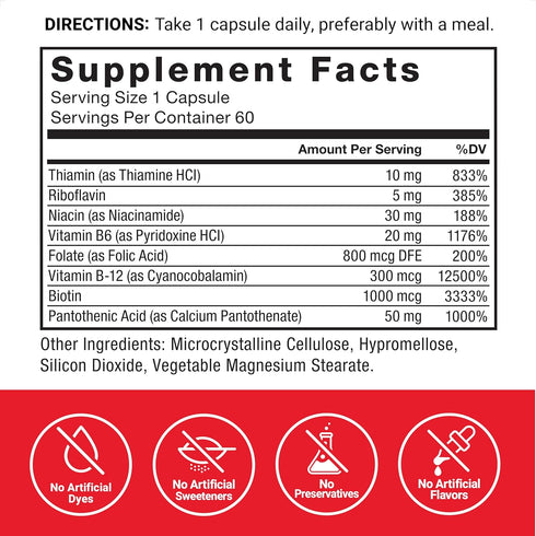FORCE FACTOR Vitamin B Complex, 60 Vegetable Capsules for Energy, Vitality, Heart Health, Includes B1, B2, B3, B6, B12,